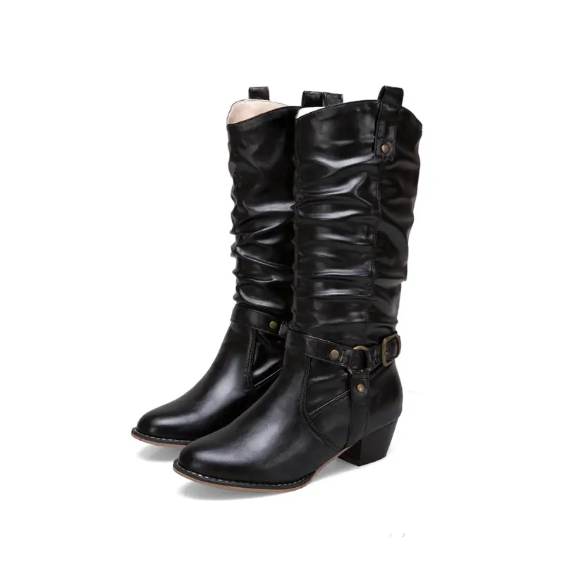 Belt buckle boots with thick heels