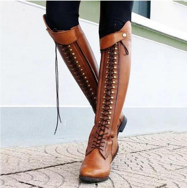 Rivet lacing boot for lady with thick heel Brown - Shop at LoveMi