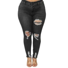 High waist ripped large size fat jeans - Black - View 1