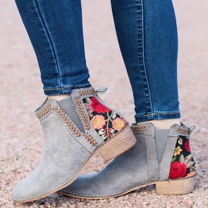 British style embroidered nude boots
