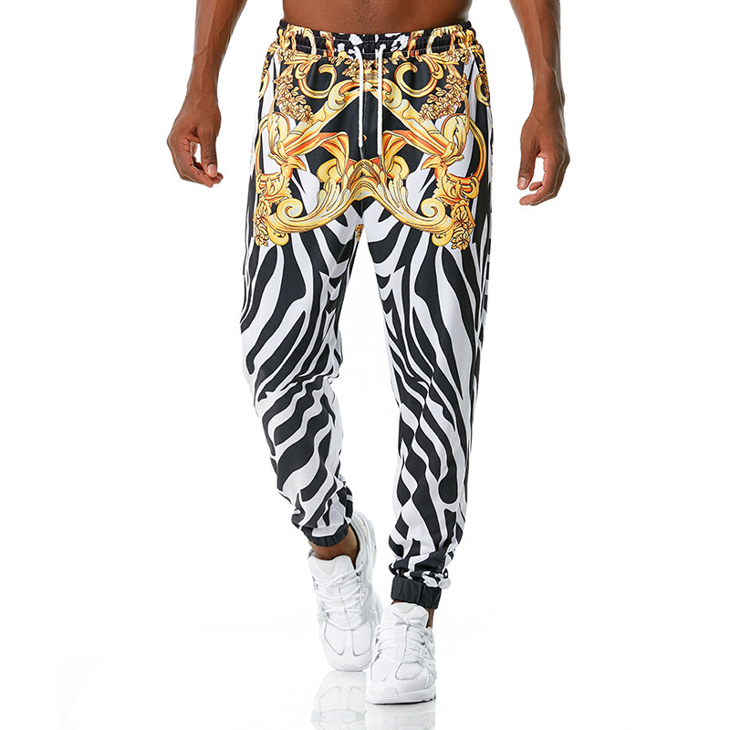 Retro print jogging pants with lace-up rope