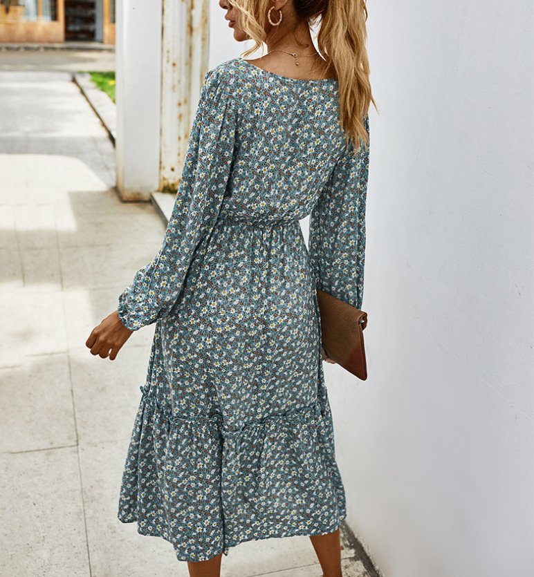 Retro square neck print dress