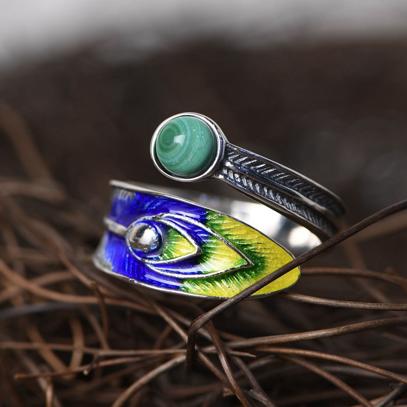 Burnt blue feather silver ring