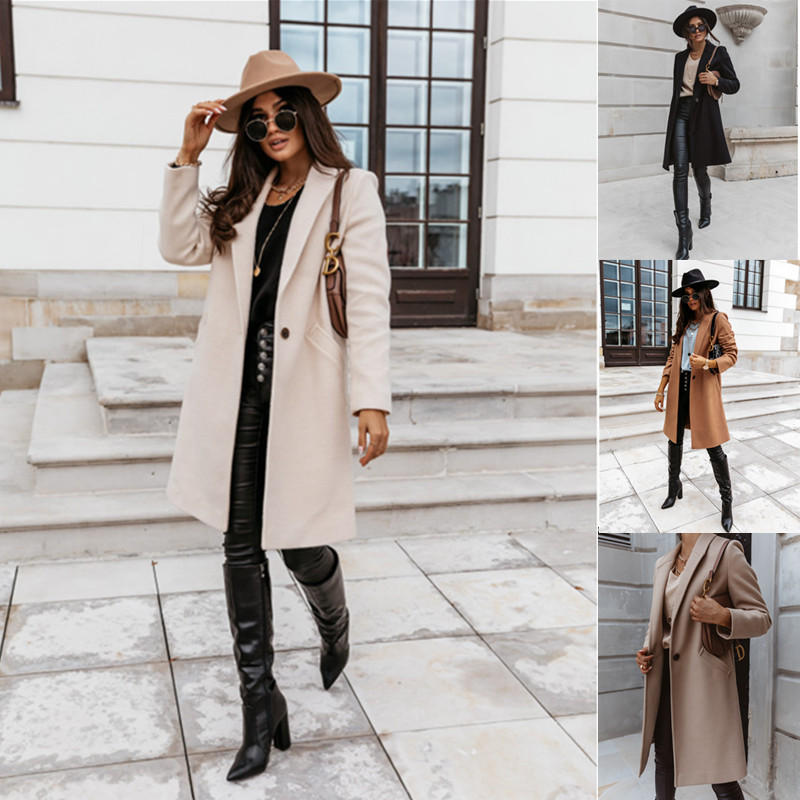 Lapel mid-length button woolen coat