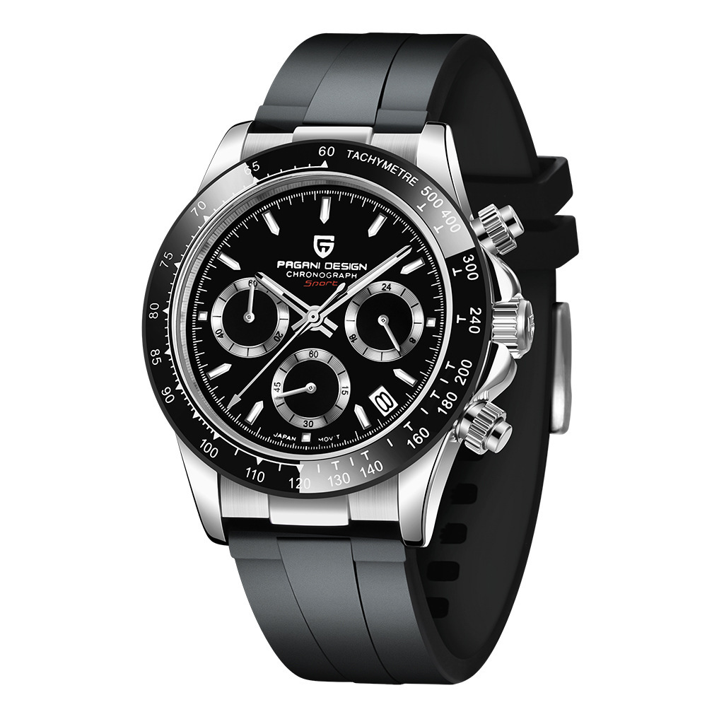 Men’s Sports Chronograph Watch Sapphire Luxury Rose Gold Silver Black Silicone
