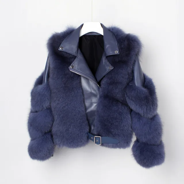 Real fur grass motorcycle fox coat Dark Blue - Shop at LoveMi
