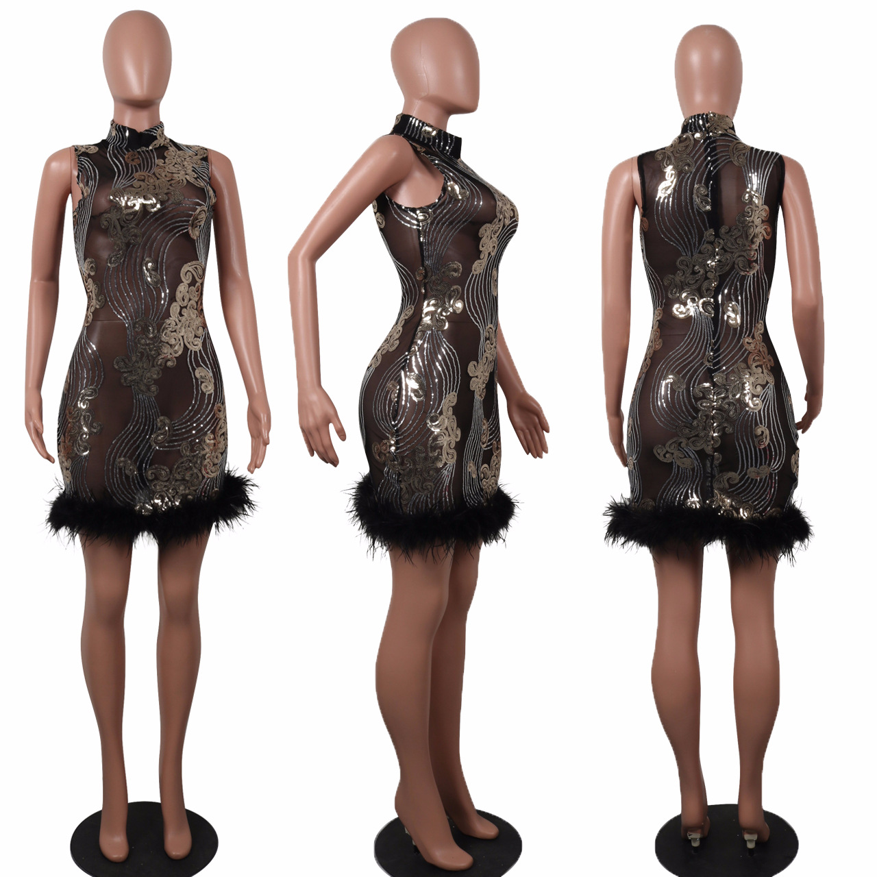 Sequined gauze see-through dress