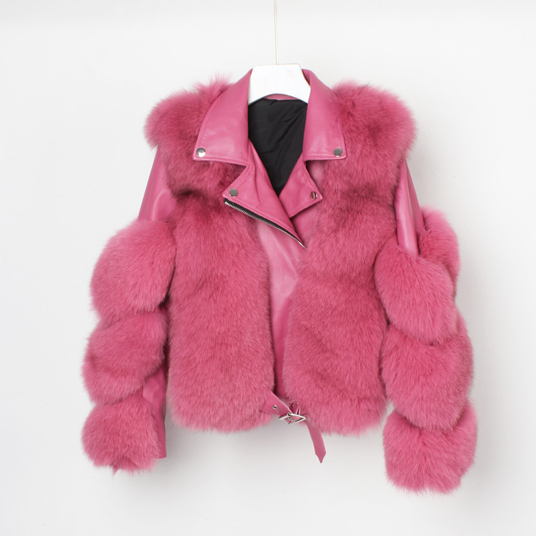Real fur grass motorcycle fox coat Wine Red - Shop at LoveMi