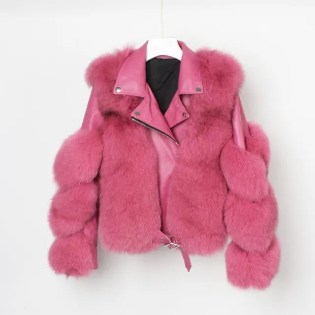 Real fur grass motorcycle fox coat Wine Red - Shop at LoveMi