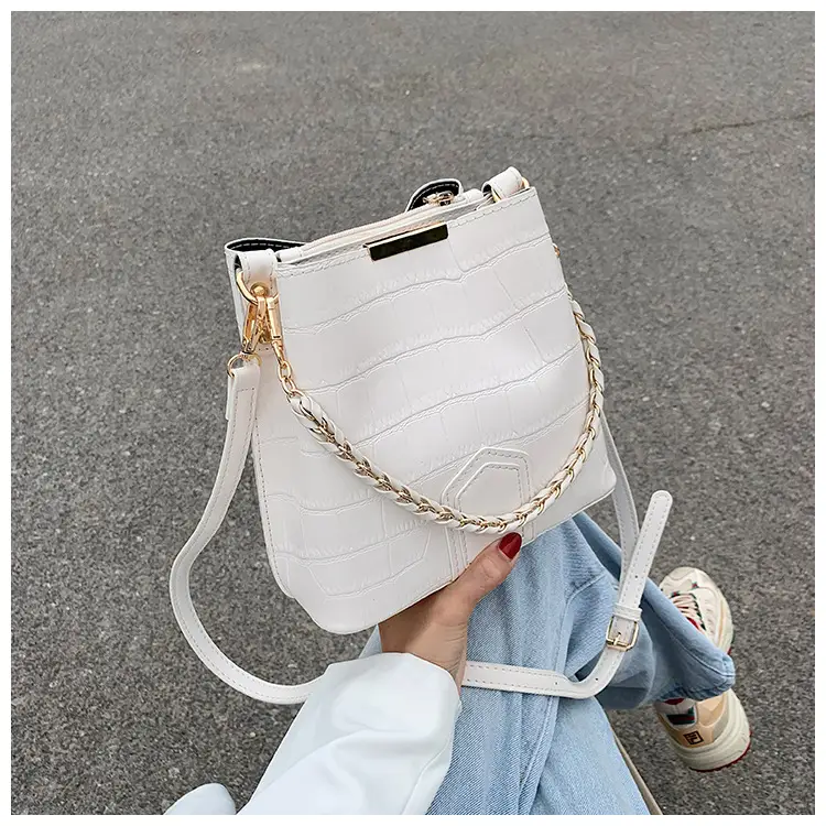 Small Bucket Shoulder Bag with Textured Pattern and Zipper Closure