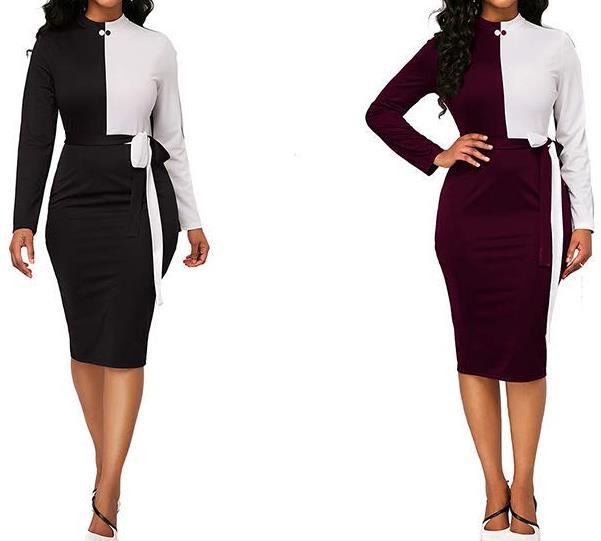 Versatile long sleeve sexy color matching dress