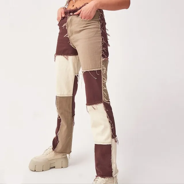 Stitching contrast distressed high waist pencil pants Brown - Shop at LoveMi