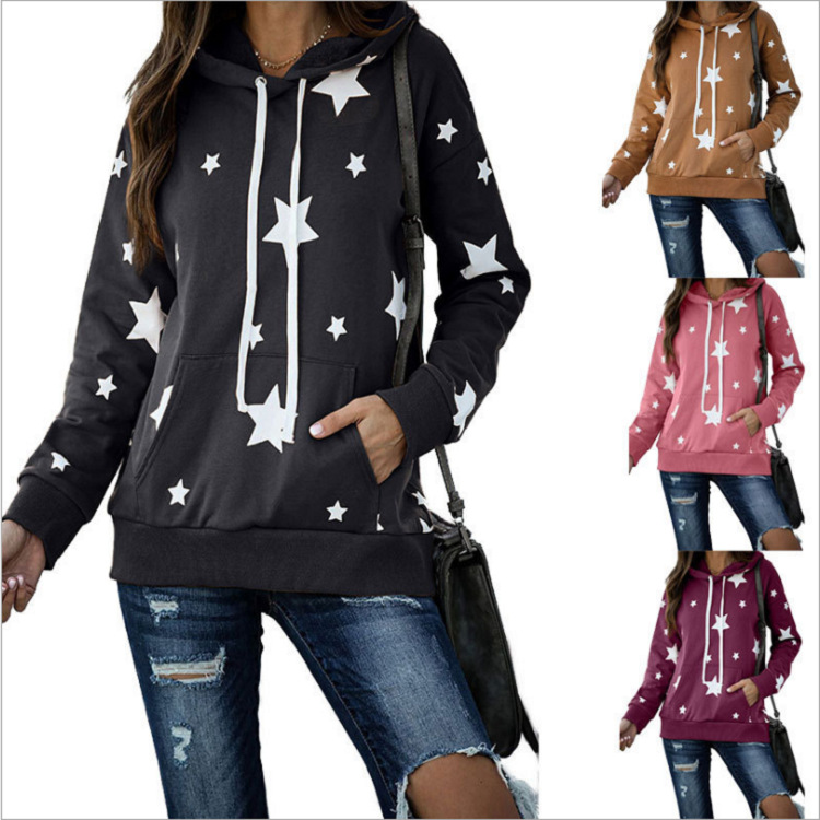 Five-pointed star print long-sleeved hooded sweatshirt