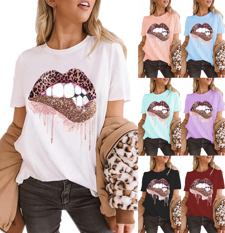 Leopard print lips hot rhinestone short sleeve