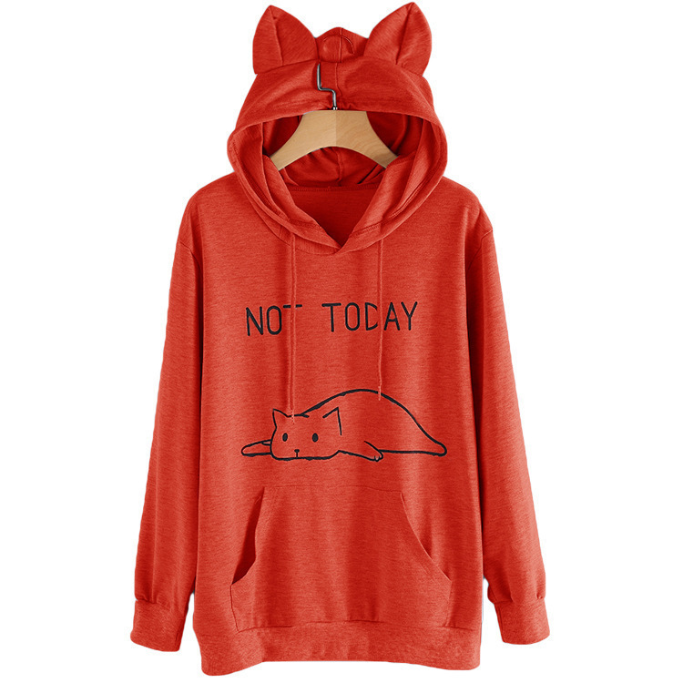 Loose cat print hooded women's sweater