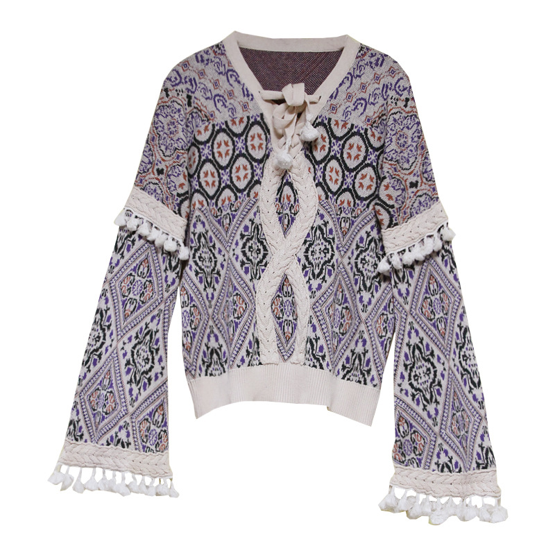 Retro stitching tassel sweater