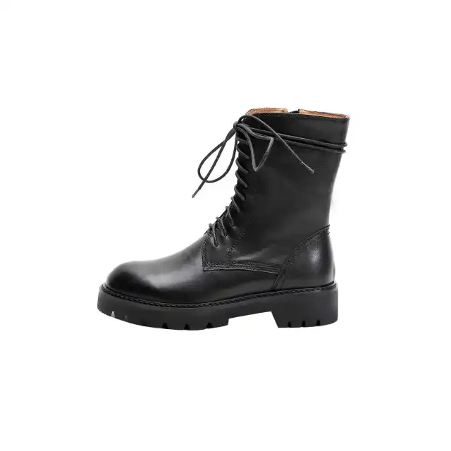 Round head lace up motorcycle single boots Black - Shop at LoveMi
