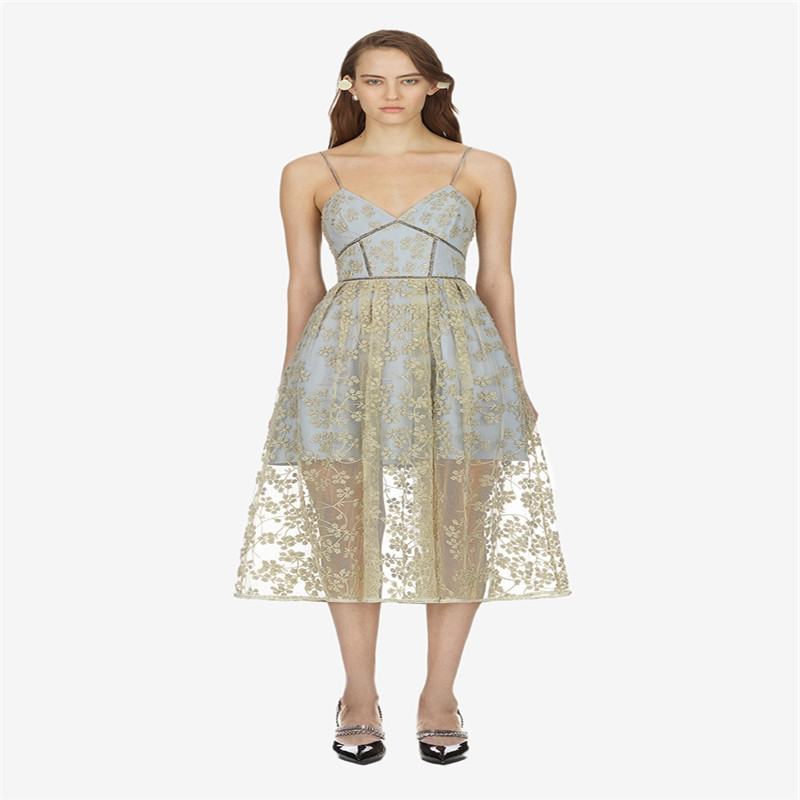 Flower embroidered V-neck dress