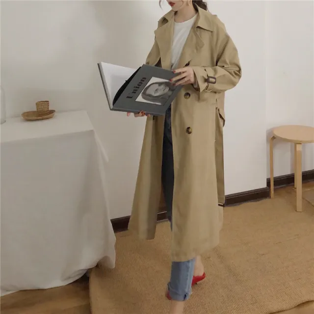 Lace up collar solid color trench coat Khaki - Shop at LoveMi