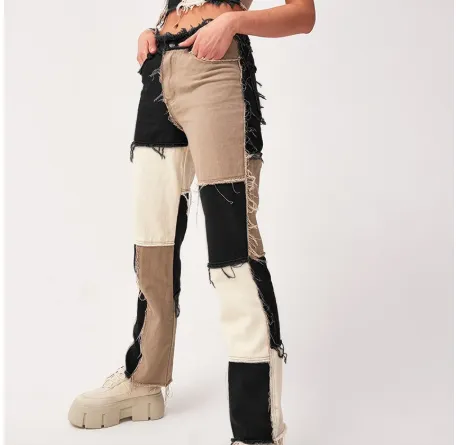 Stitching contrast distressed high waist pencil pants Black - Shop at LoveMi