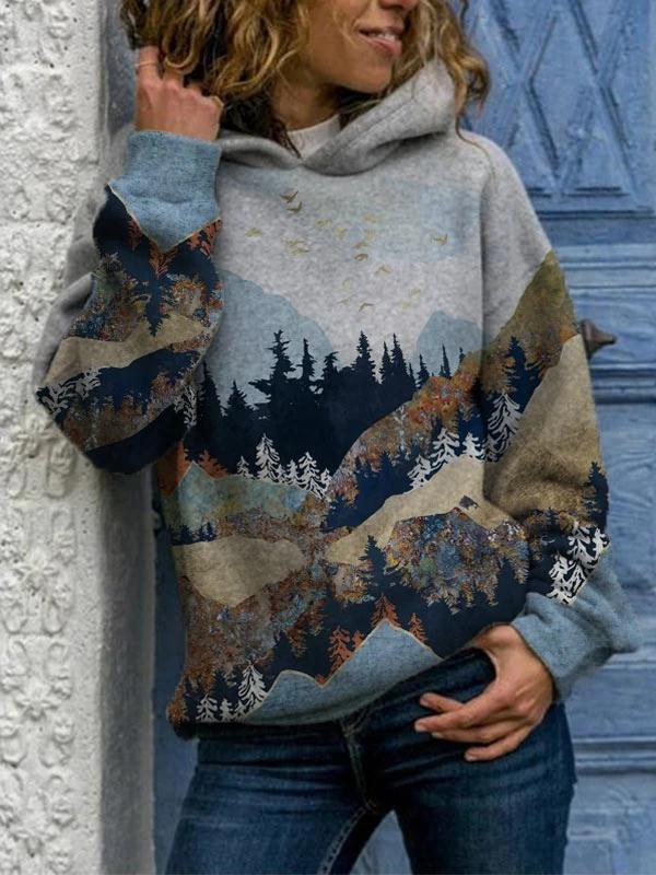 Hooded long-sleeved printed fleece sweater women