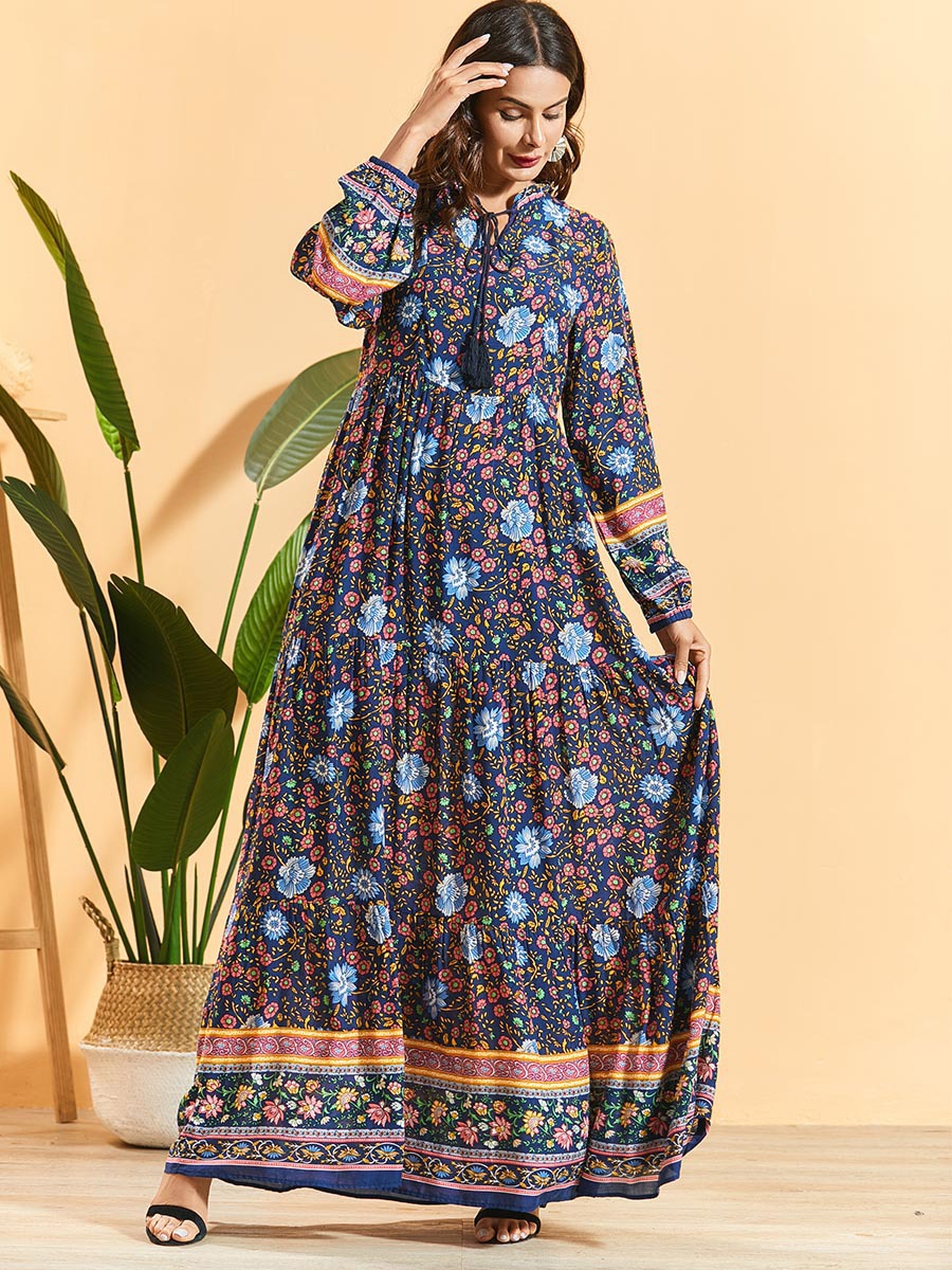 Long sleeve pleated bohemian dress