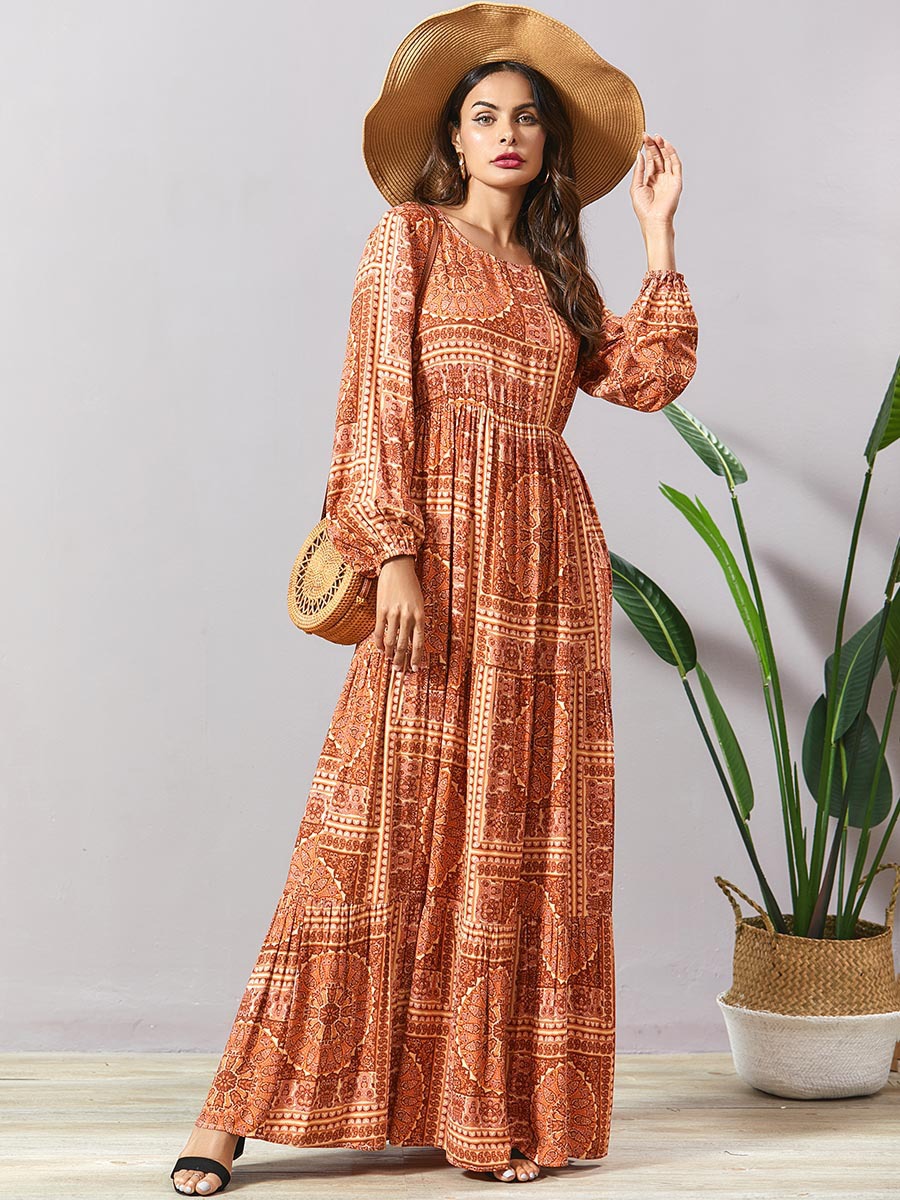 Printed pleated bohemian dress