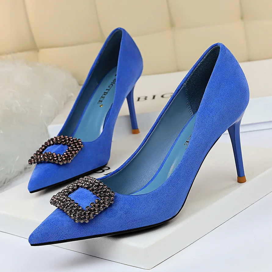 Pointed Rhinestone High Heels - Blue