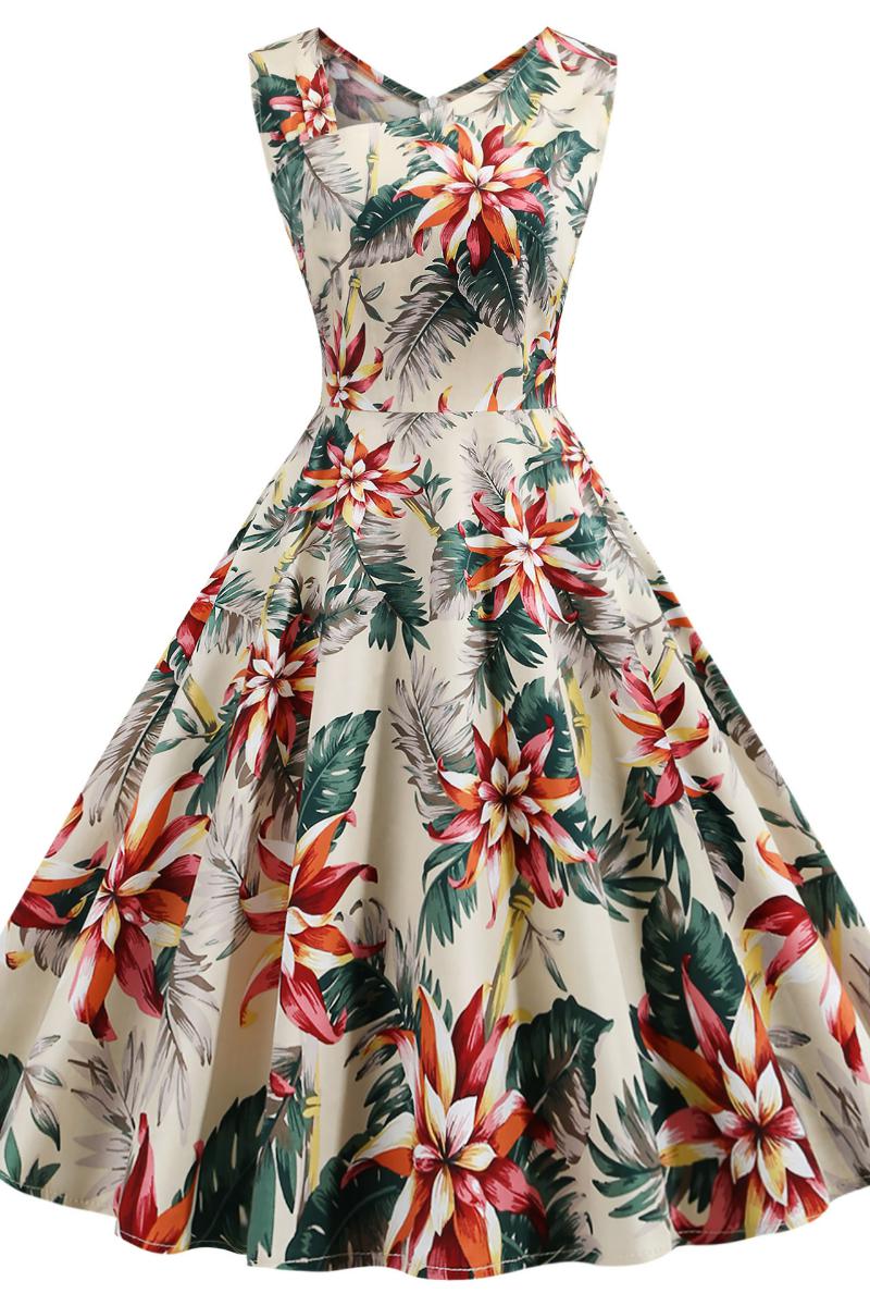 Vintage print sleeveless collar retro dress