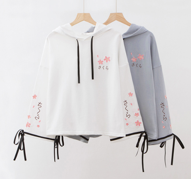 Sakura Embroidery Lace-up Sleeves Hoodie