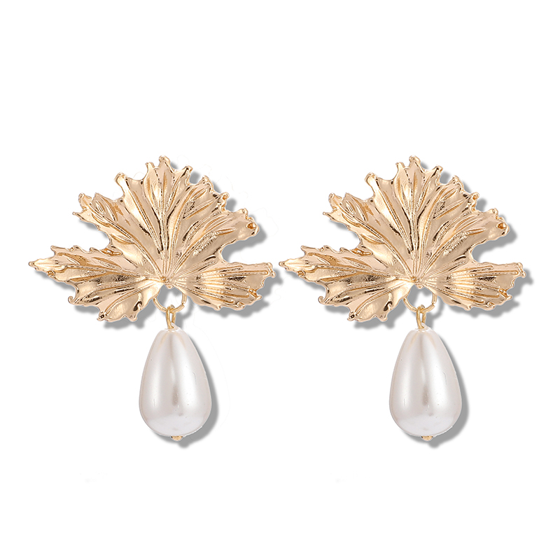 Leaf pearl golden flower earrings