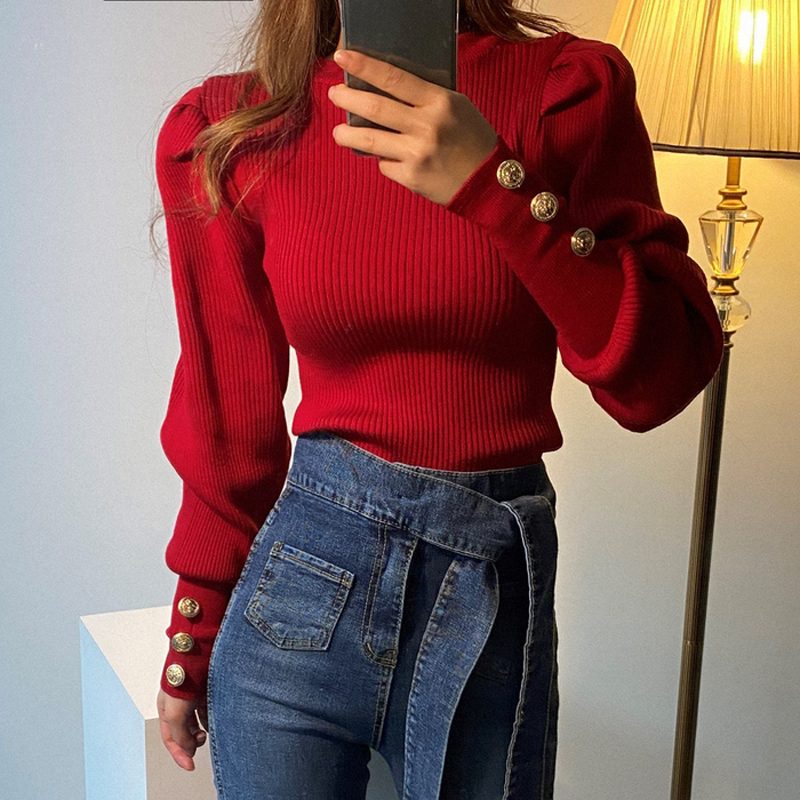 Fashion O-neck Elastic Slim Female Pullover Sweater