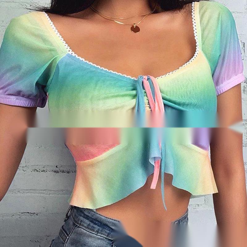 Sexy square neck drawstring top T-shirt