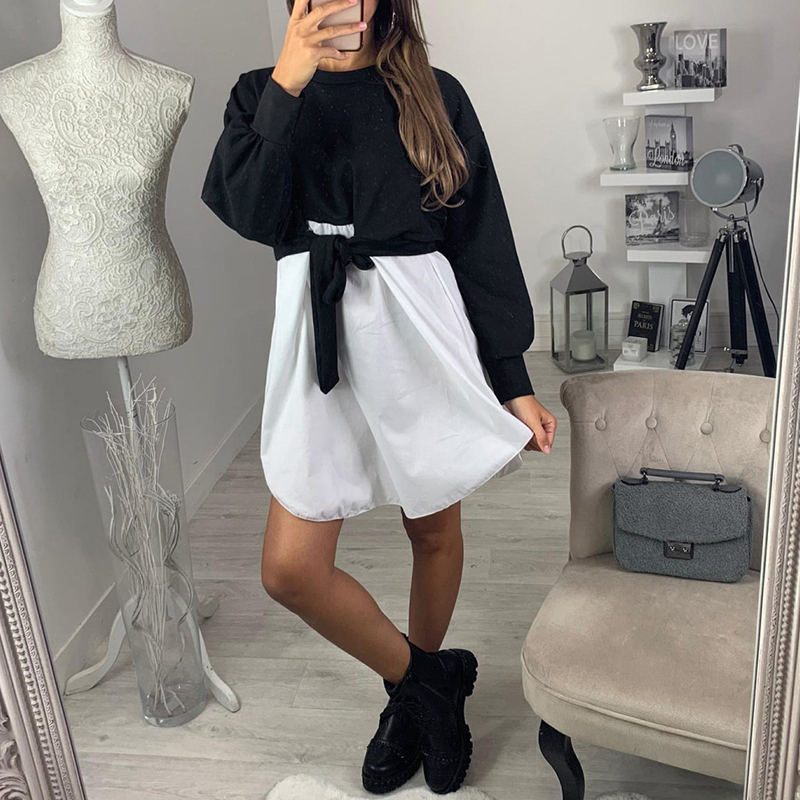 A-line color matching dress with waistband