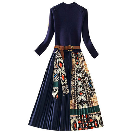 Retro print mid-length stitching fake two-piece skirt