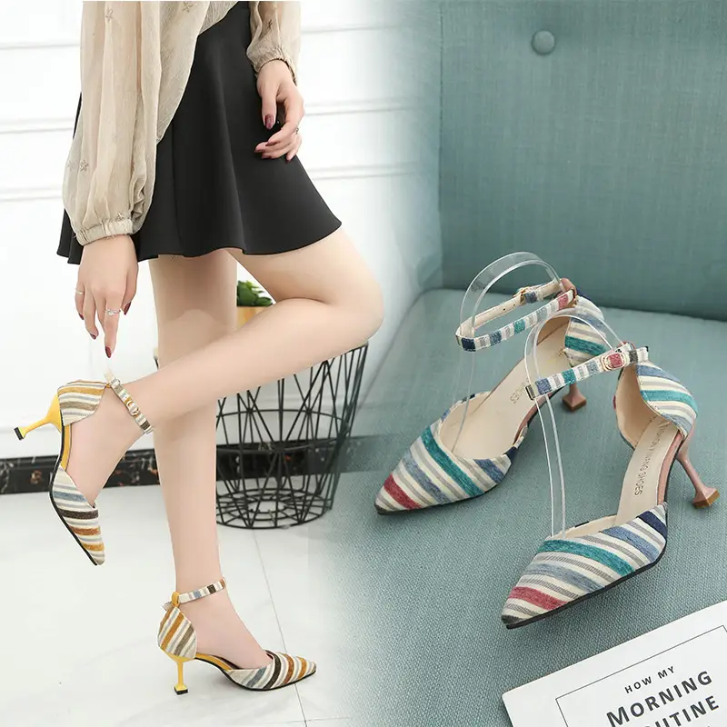 Sandals with cat and buckle cloth stripe heels