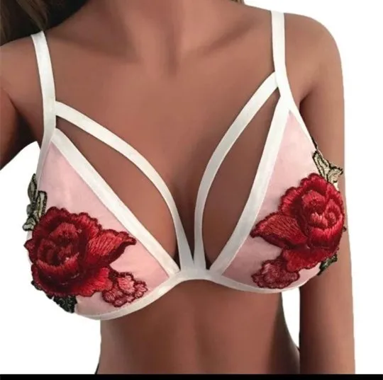 Rose embroidery lace bra set Pink - Shop at LoveMi
