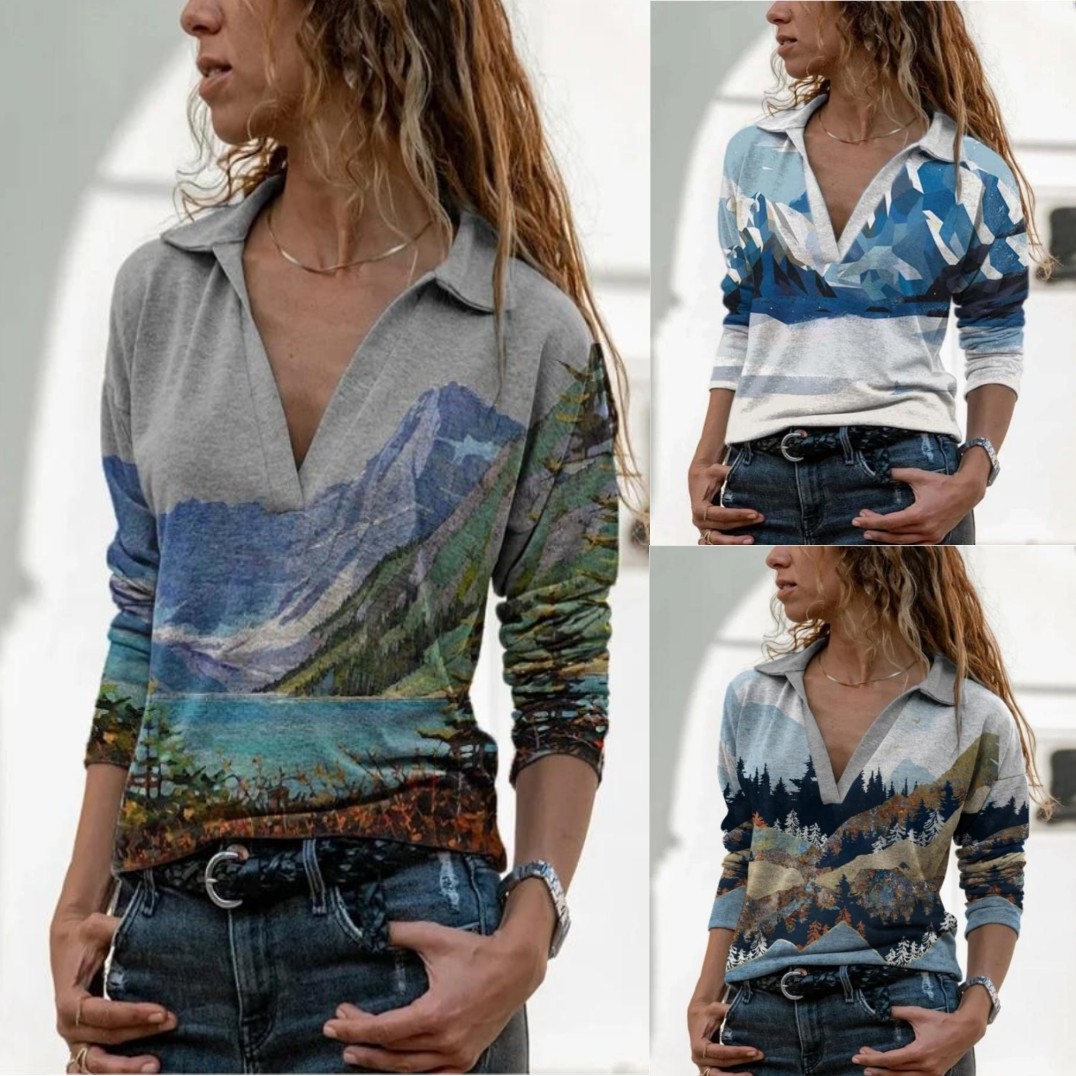 Women's Mountain print V neck T-shirt top