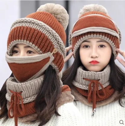 Hat Female Winter Wool Hat Outdoor Thick Warm Winter Hat Riding Windproof Hat Bib Mask Cap Head Cap Caramel Colour - Shop at LoveMi