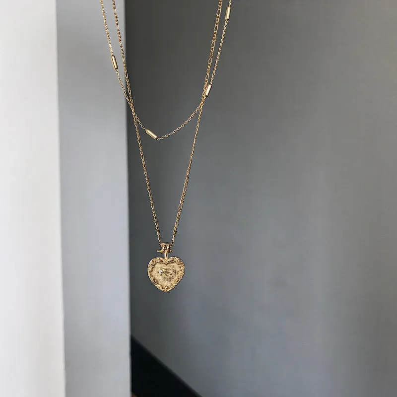925 Sterling Silver Heart Double Layer Necklace for Women - Gold