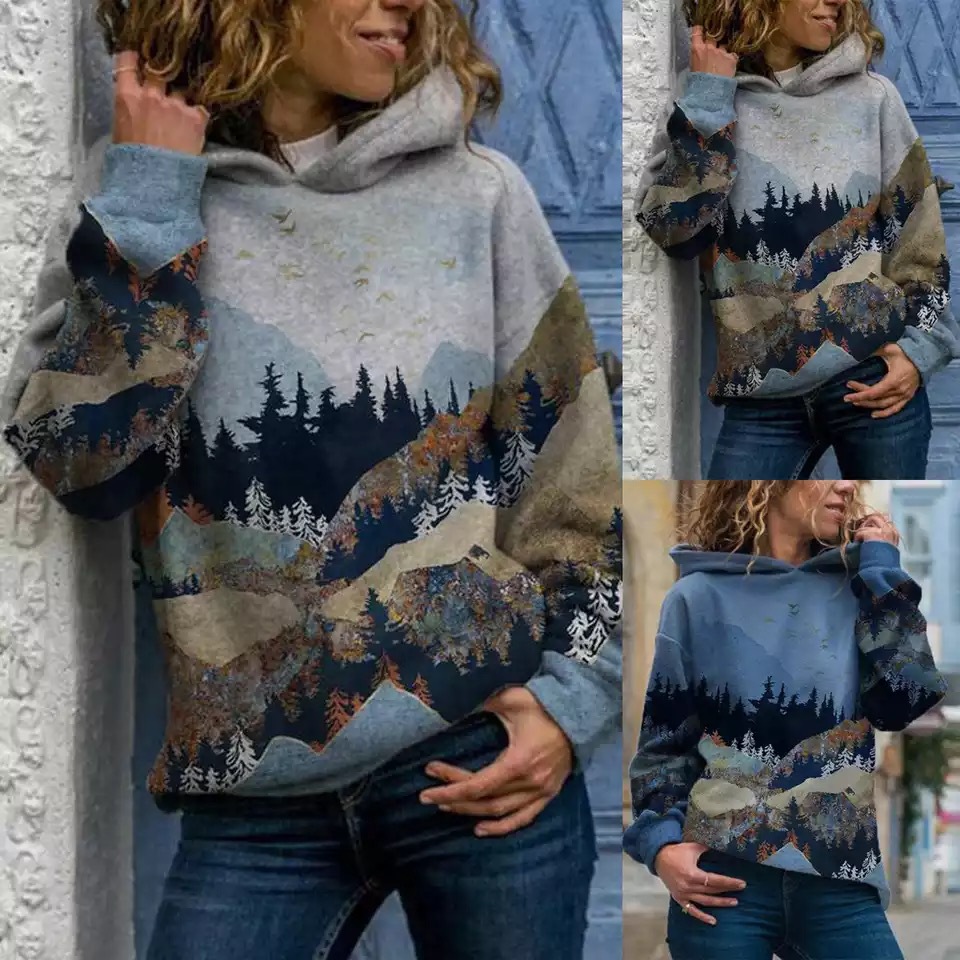 Ladies Mountain Treetop Print Hooded Sweatshirt