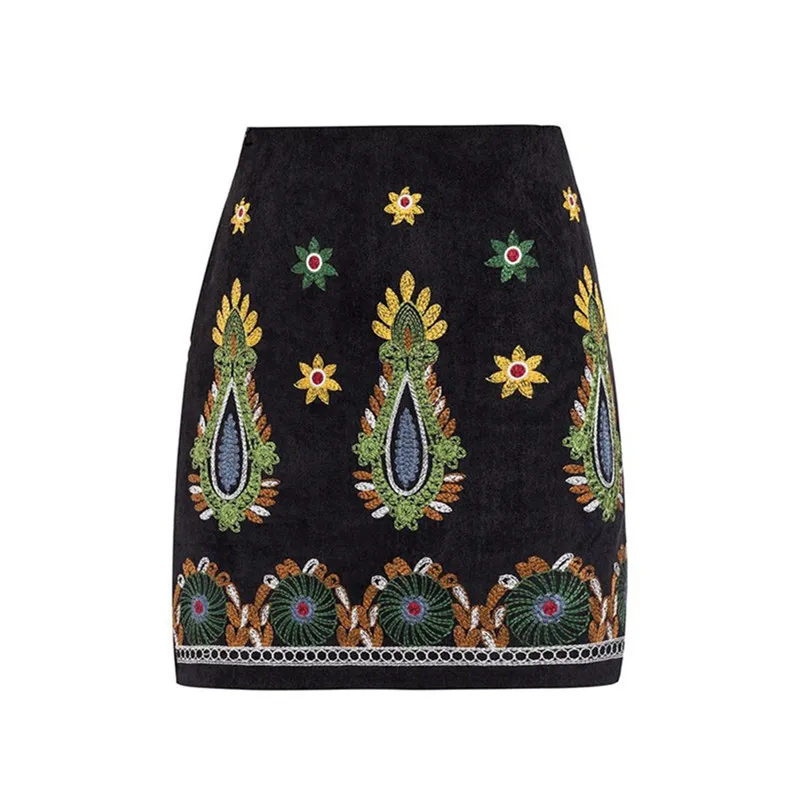 High waist embroidered art skirt - Black