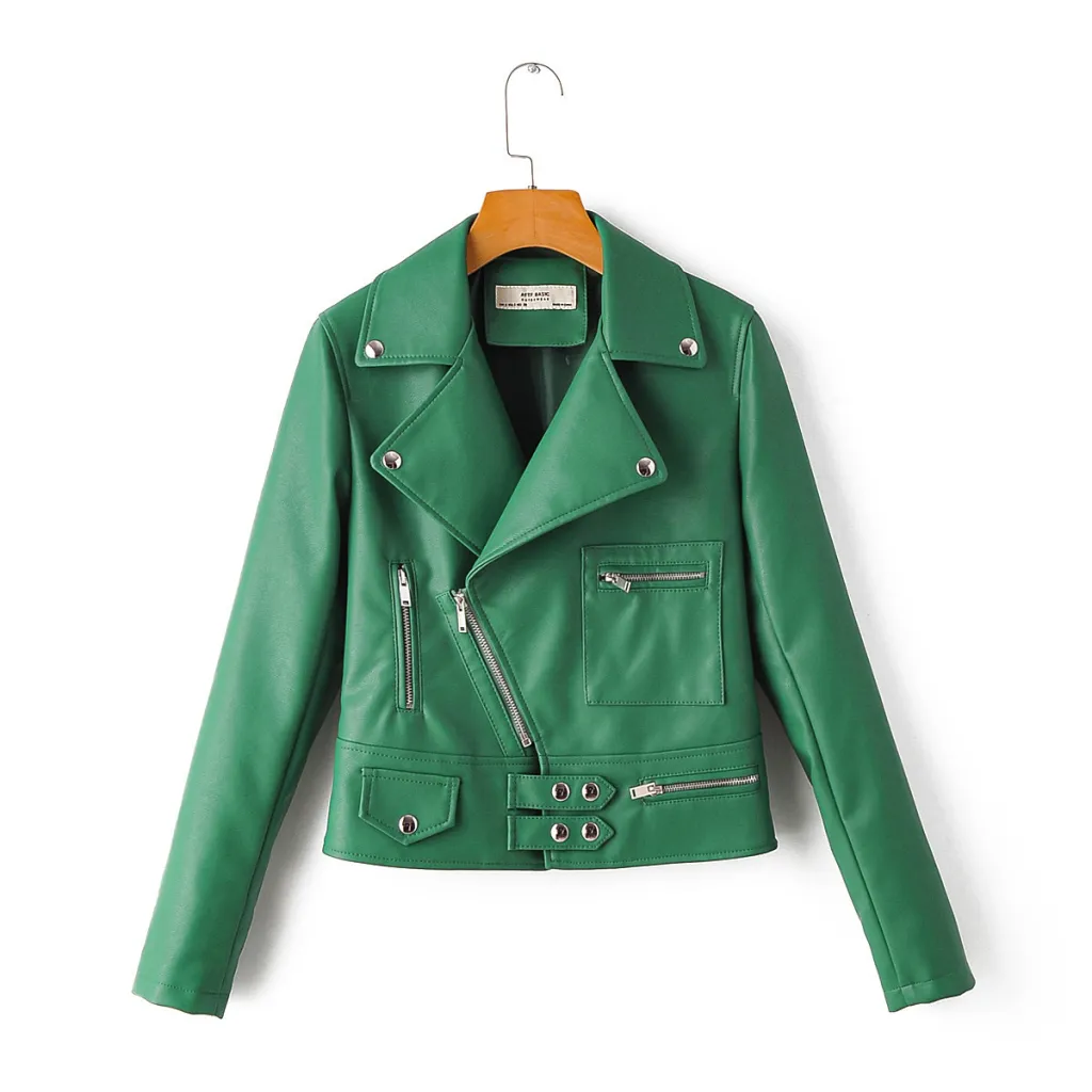 Ladies Lapel Diagonal Zipper Motorcycle Leather PU Jacket - Green
