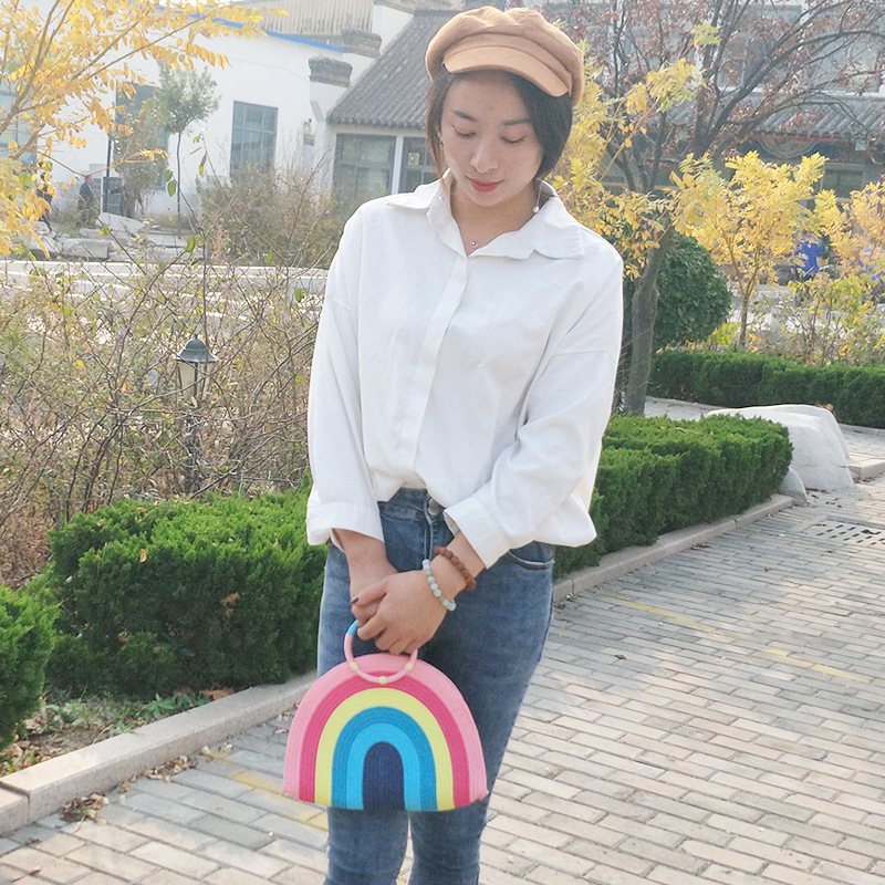 Rainbow portable straw woven bag beach women bag