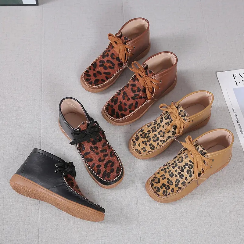 Flat round toe leopard print women's short boots