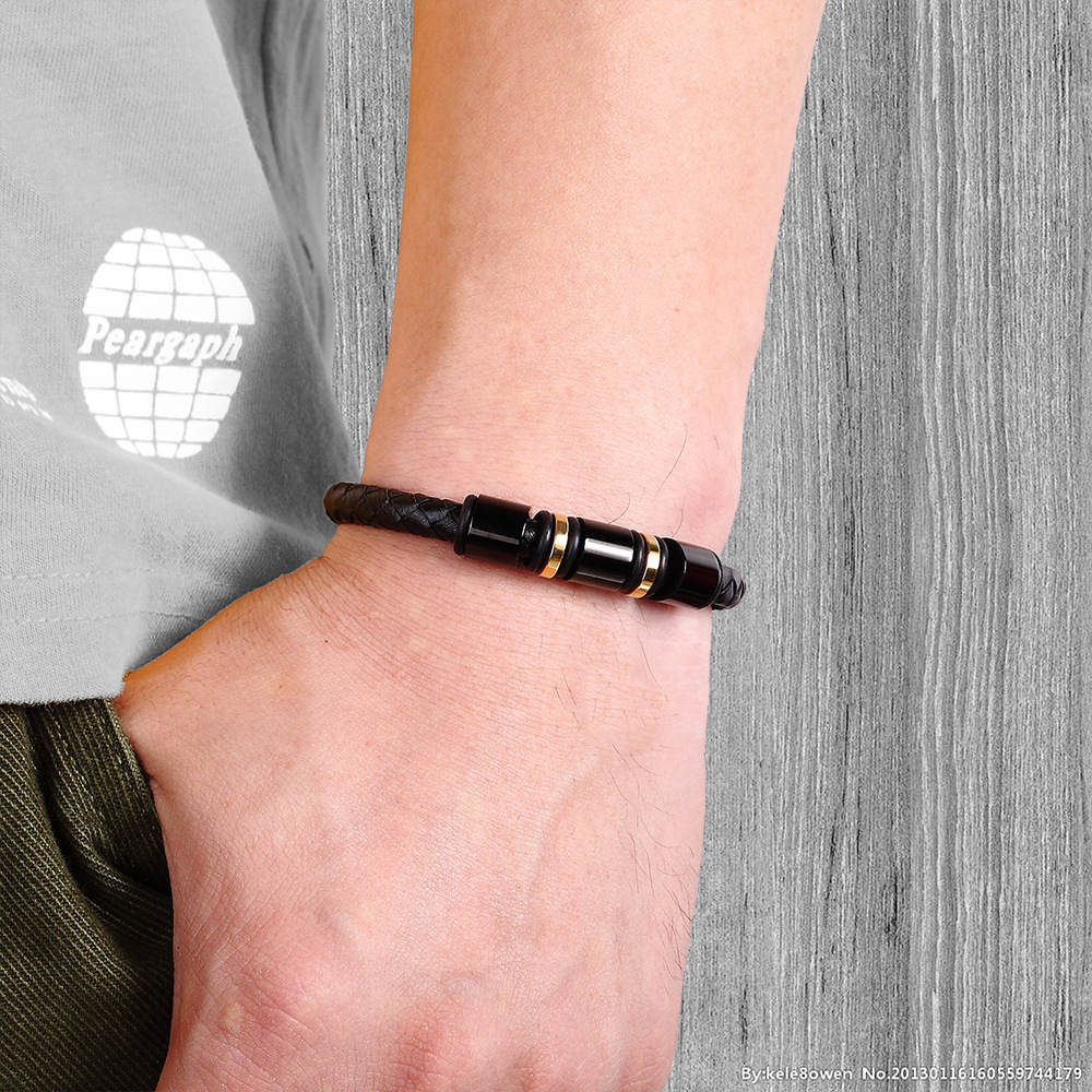 Stainless steel leather braided bracelet