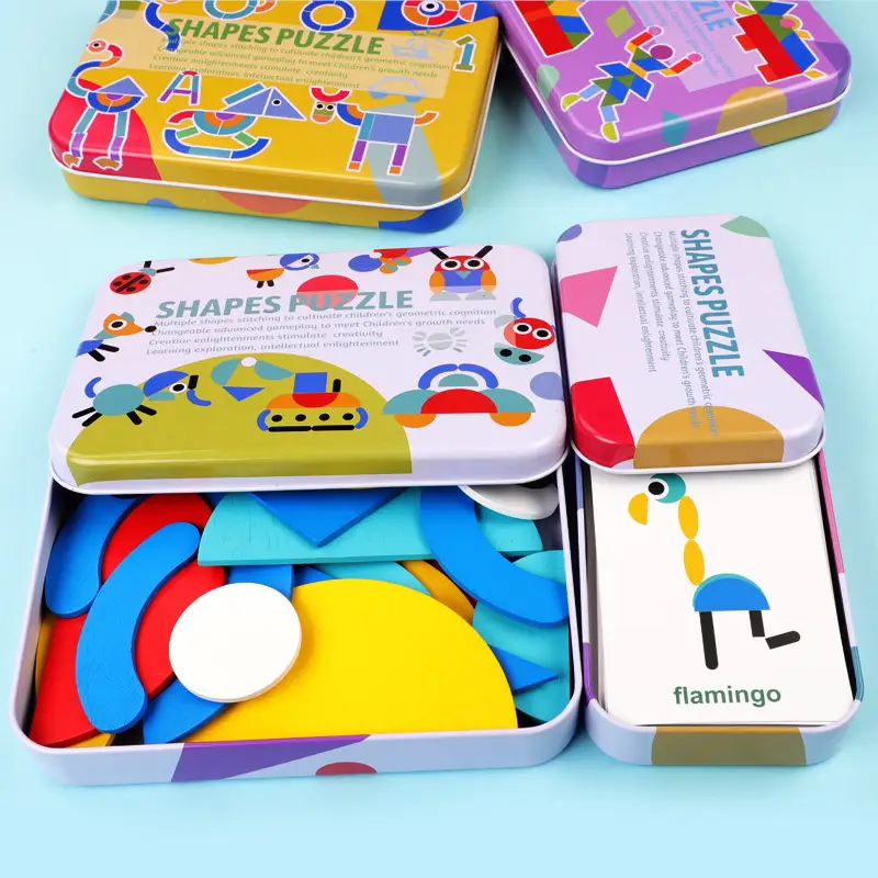 Children's wooden tangram iron box toy