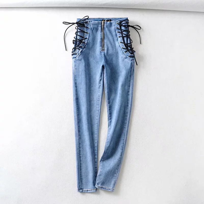 High waist stretch denim trousers skinny pants Blue - Shop at LoveMi
