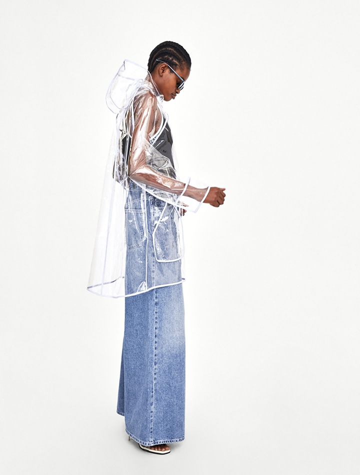 Blue edging plastic hooded transparent waterproof raincoat