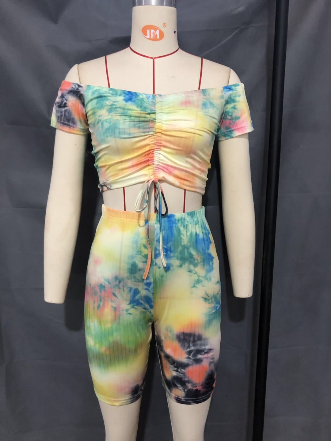 Tie-dye drawstring one-shoulder two-piece suit